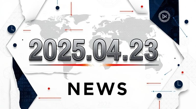 『2025년 4월 23일』 날짜가 굵은 글씨로 강조된 세련된 뉴스 테마 디자인, 세계 지도와 디지털 아이콘 등 추상 요소가 어우러진 현대적인 그래픽