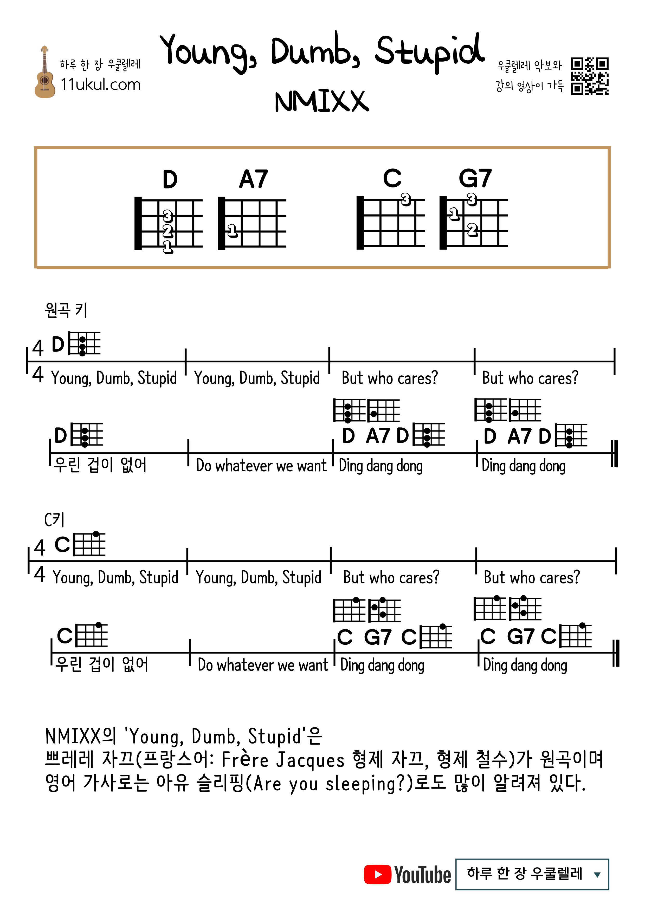 Young&#44; Dumb&#44; Stupid(NMIXX) 영 덤 스투피드(엔믹스) 우쿨렐레 쉬운 코드 악보 Ukulele easy chord sheet music