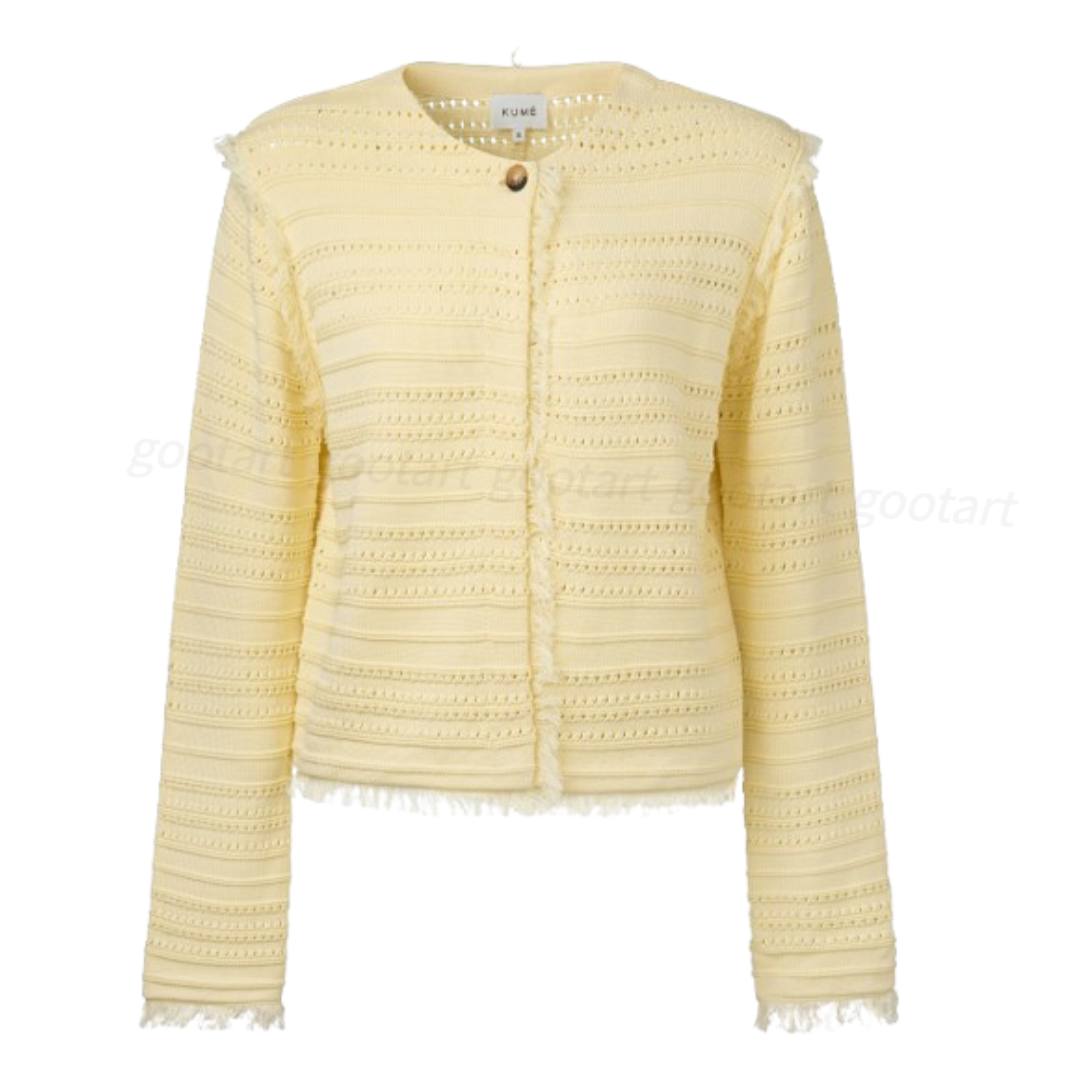 KUME Fringe Long Sleeve Cardigan, Light Yellow