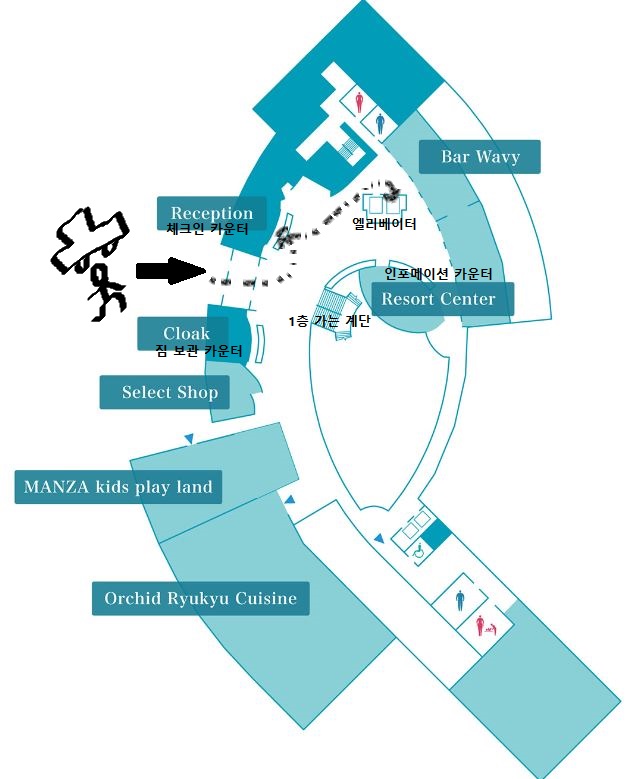 로비층(2층) 안내도&#44; 화살표는 체크인 및 엘리베이터 경로