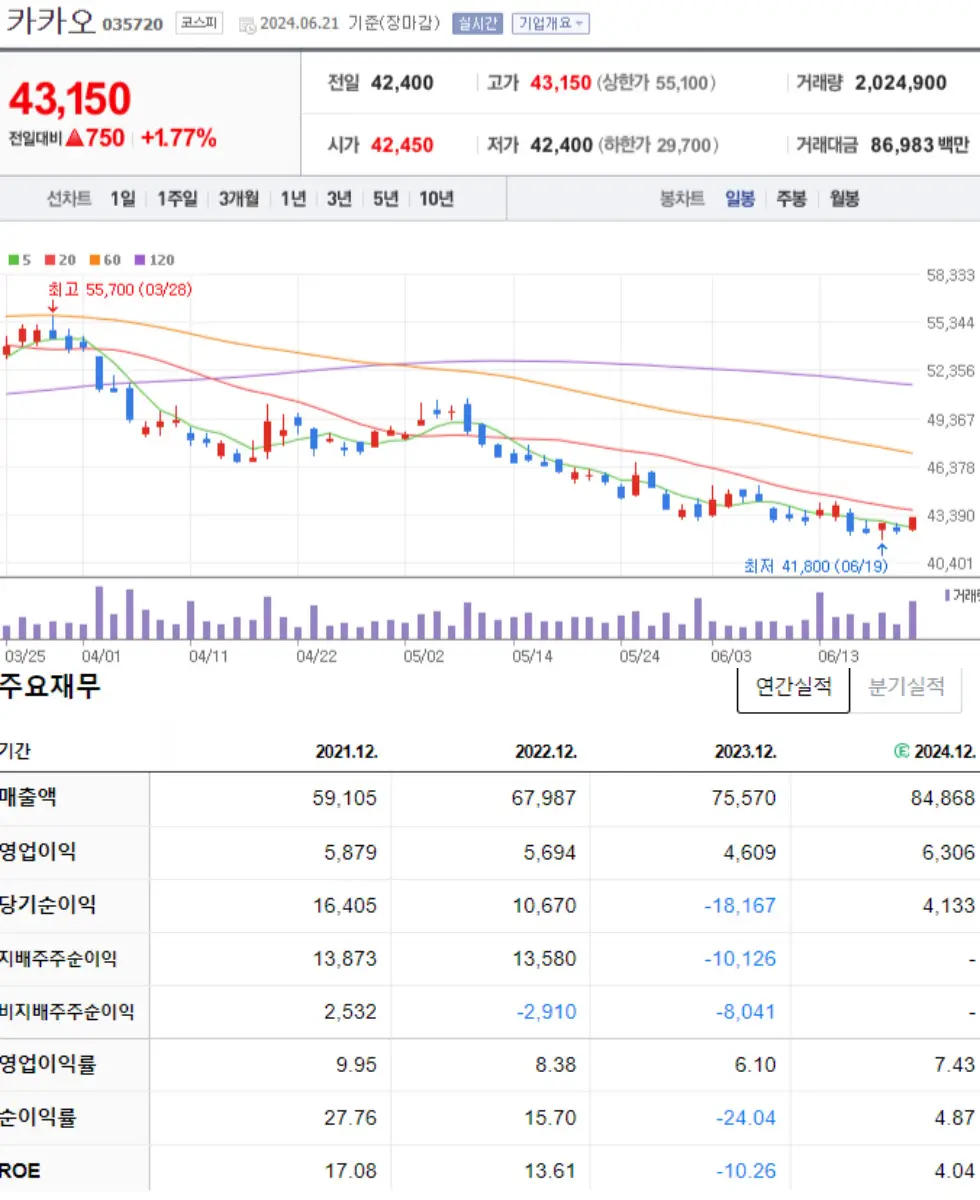 카카오 주식 차트 및 재무