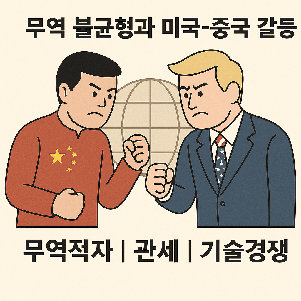 무역 불균형과 미국-중국 갈등을 주제로 한 인포그래픽. 중국과 미국 인물이 대치하고 있으며 배경에는 지구본이 있고, 하단에는 무역적자, 관세, 기술경쟁이라는 키워드가 한국어로 정확히 표현되어 있음.