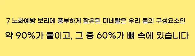  7 노화예방 보리에 풍부하게 함유된 미네랄은 우리 몸의 구성요소인 약 90%가 물이고, 그 중 60%가 뼈 속에 있습니다