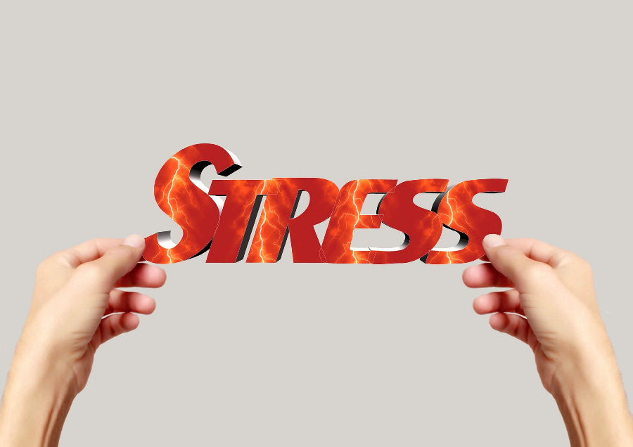 영어로 스트레스(STRESS)라고 붉게 쓰여진 단어를 양쪽 손으로 잡고 들어 올리고 찍은 사진