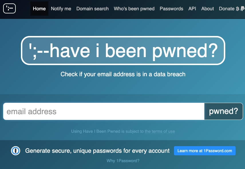 Have I Been Pwned 사이트의 메인 화면 이미지