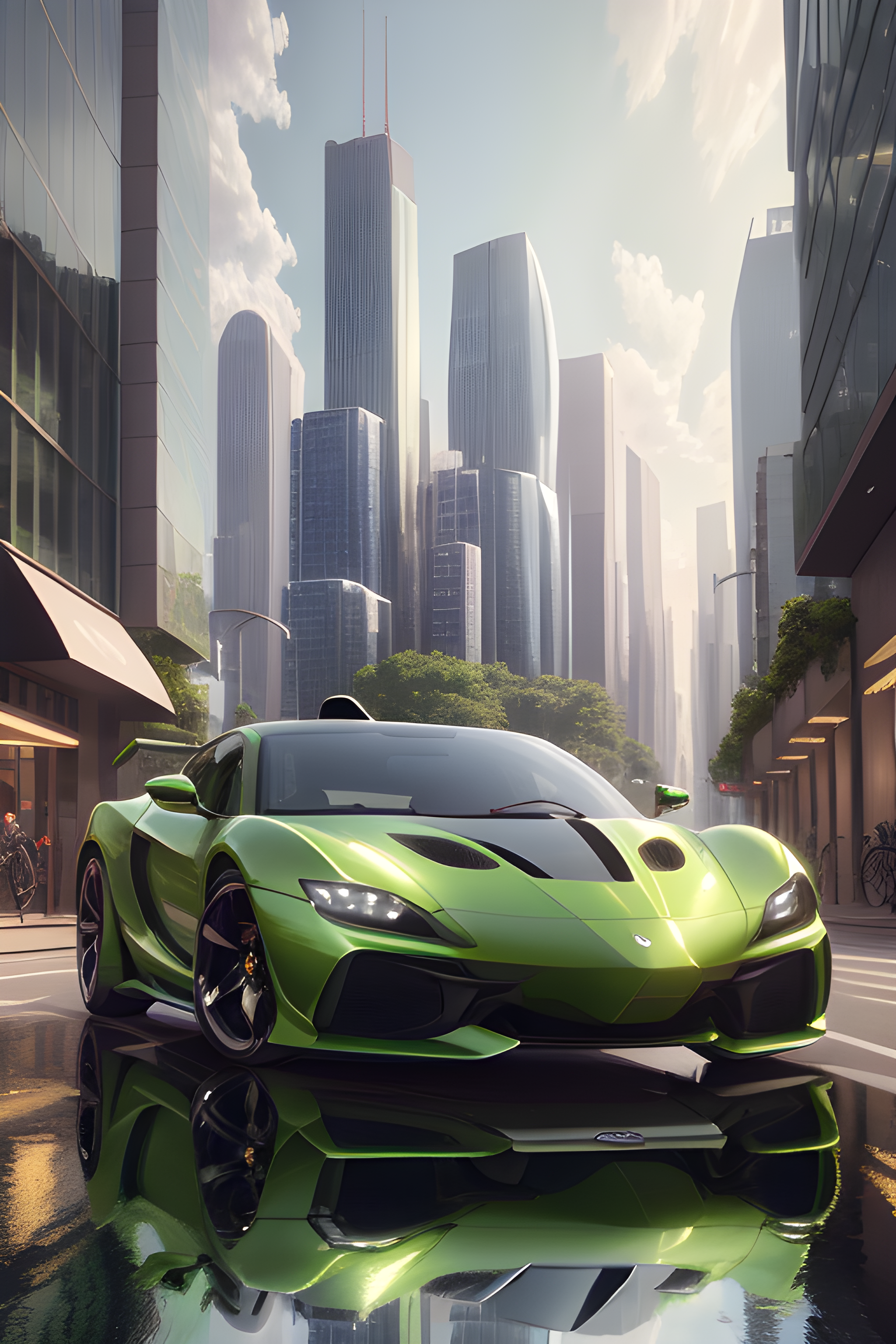 Image of a beautiful green sports car on a city street with reflections