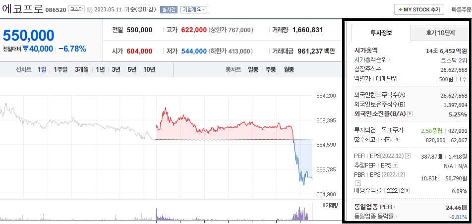  에코프로 주가 전망 전기차 배터리 관련주 하락 악재 발생