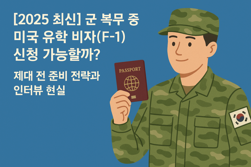 An infographic of a Korean soldier holding a passport, with the title asking whether F-1 visa applications are possible during military service.