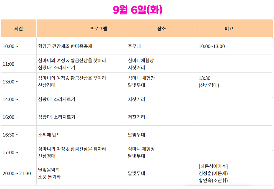 함양산삼축제 9월 6일 일정표