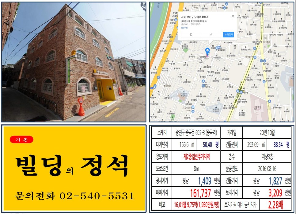  [광진구 중곡역 10억 꼬마빌딩 실거래가 조회] 중곡동 692-3 (중곡역) 16억 1,737 만 원, 평당 3,209만 원 매매되었습니다.