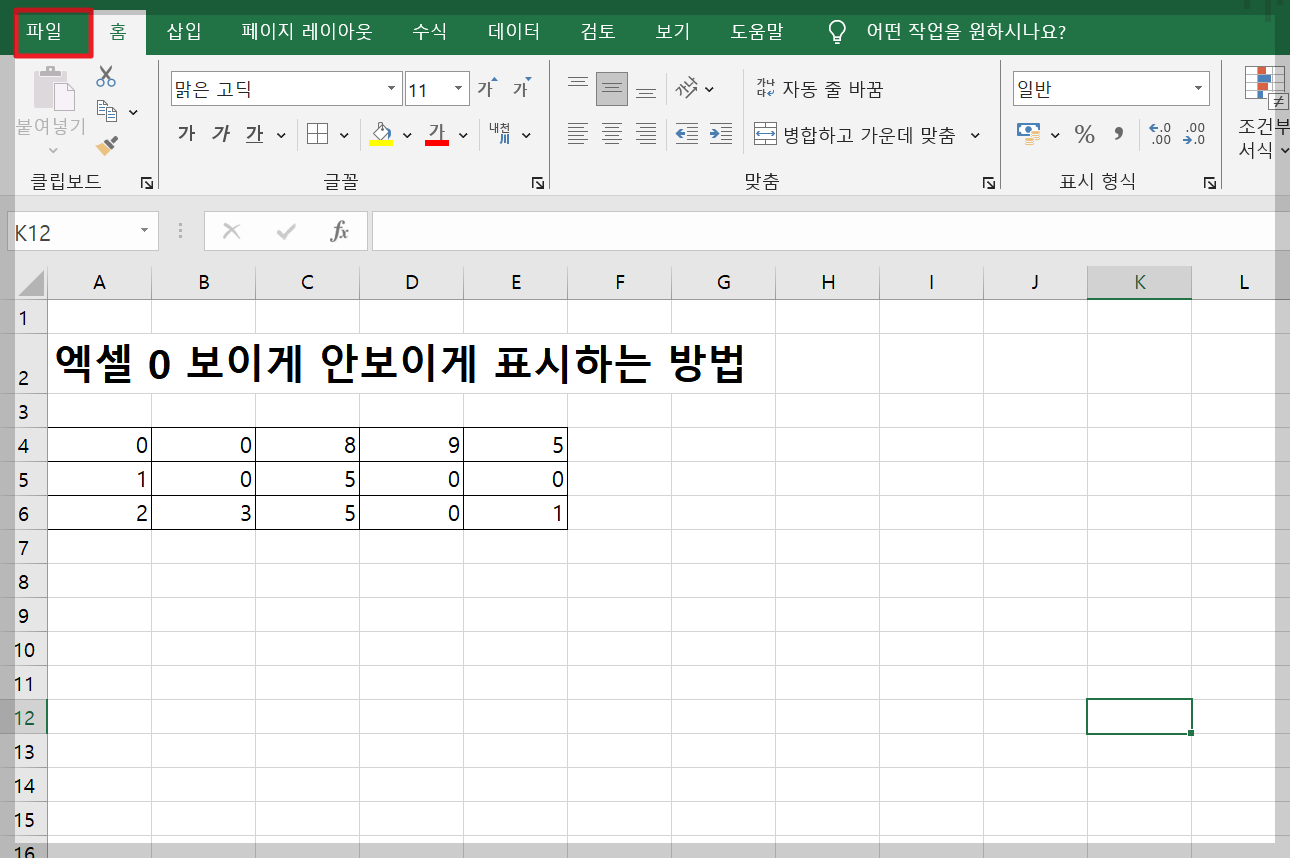 엑셀 0 보이게 안보이게