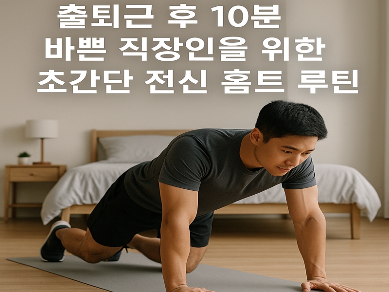 밝은 침실에서 매트를 깔고 플랭크 동작을 하는 젊은 남성이 출퇴근 후 10분 홈트 루틴을 실천하고 있는 모습