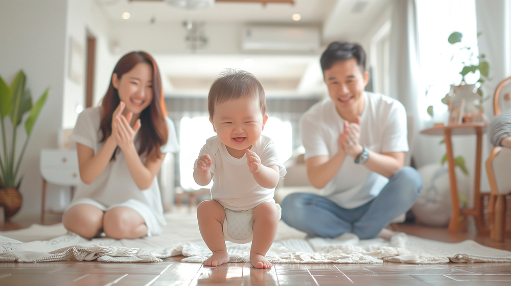 웃으며 걸음마를 하는 아기 뒤로 밝게 웃으며 박수 치고 있는 부모의 모습이 보인다.