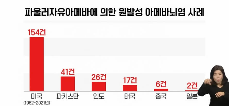 파울러자유아메바 국가별 발생 건수 그래프