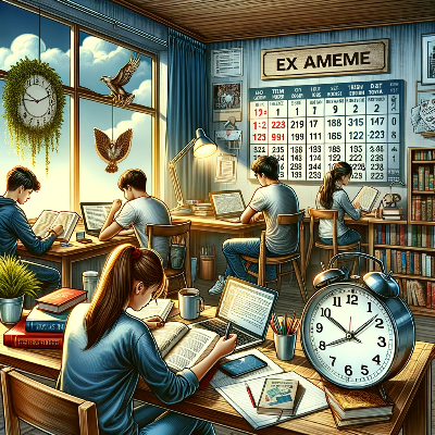 교실에서 학생들이 공부하고있어. 시계가 있는데 현실보다 큰 시계야.