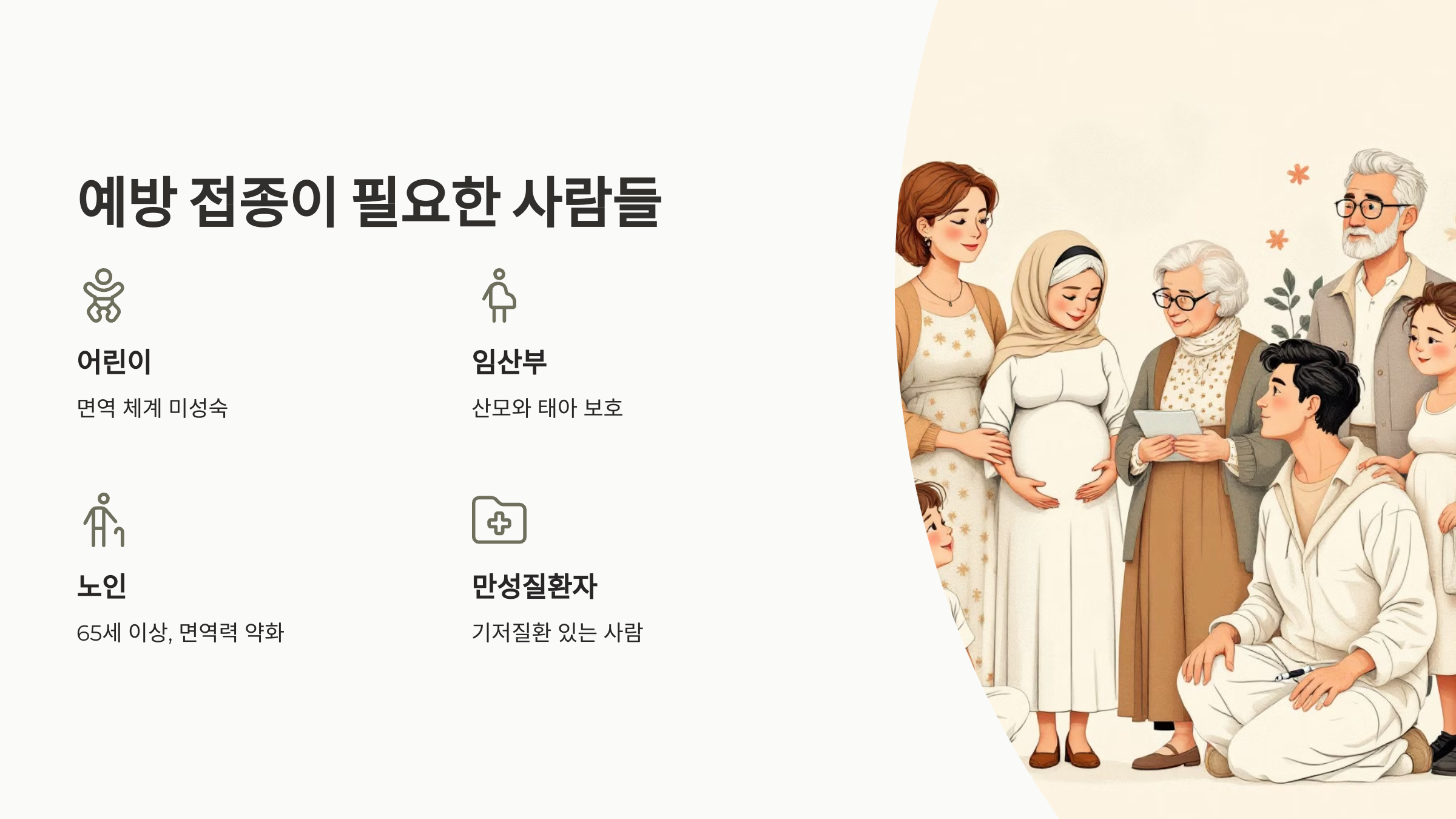 예방 접종이 필요한 사람들 이라는 글과 노인 어린이 임산부가 함께 있는 일러스트 이미지