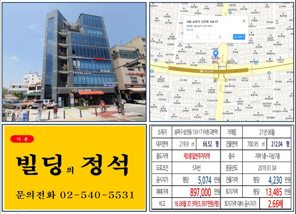  [송파구 9호선 역출구 80억 빌딩 실거래가 조회] 삼전동 133-17 (석촌고분역) 89억 7,000만 원, 평당 1억 3,485만 원 매매되었습니다.