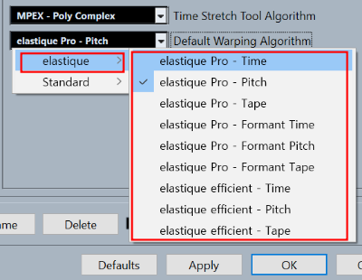 큐베이스 Editing Audio 타임 스트레치 툴 알고리즘(Time Stretch and Pitch Shift Algorithms)