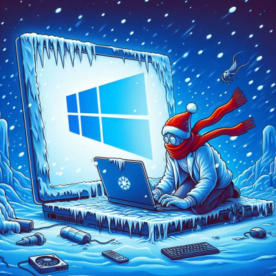 빨간 목도리를 한 인물이 얼어붙은 노트북으로 윈도우를 사용하는 장면