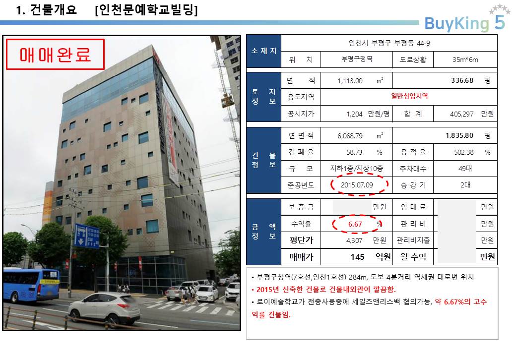  부평지엠대우, 부평구청, 지하철7호선 연장 호재지역, 임대수익 및 사옥용, 메디컬, 학원시설 대로변 빌딩, 6.67% 고수익용 올근생 학원건물 투자사례