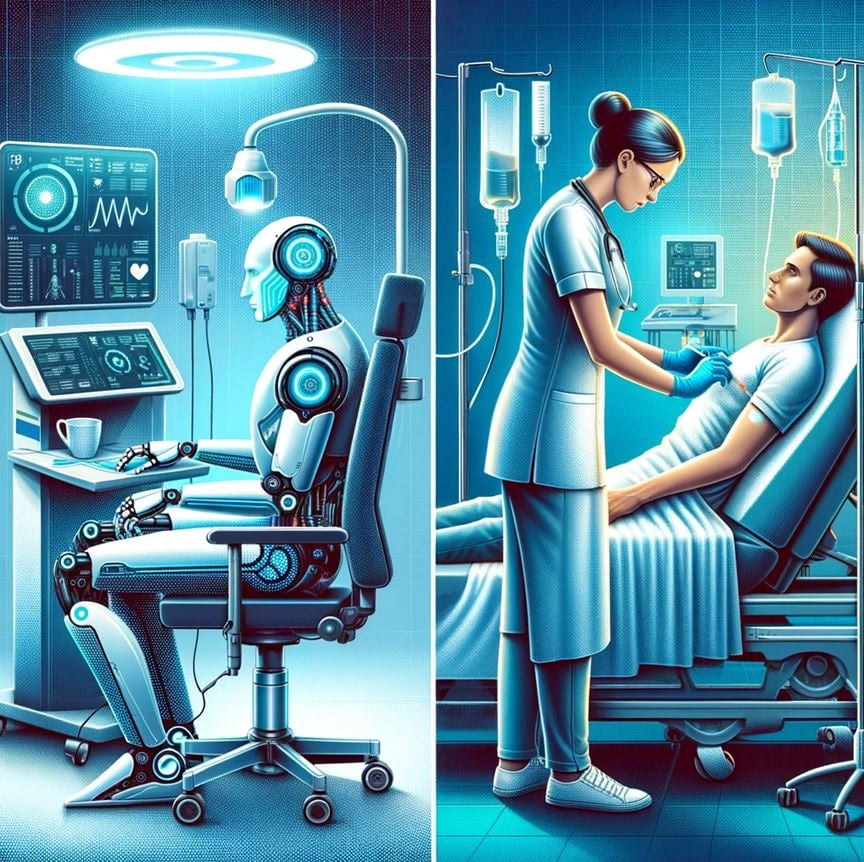 유발 하라리는 간호사보다 의사가 AI로 대체되기 쉽다고 주장한다. 한은의 조사에서도 로봇&#44; 소프트웨어 등 기존 기술과 달리 AI의 경우 고소득·고학력 근로자가 영향을 많이 받는 것으로 조사됐다. 사진은 ‘달리’가 만든 AI 의사와 인간 간호사.