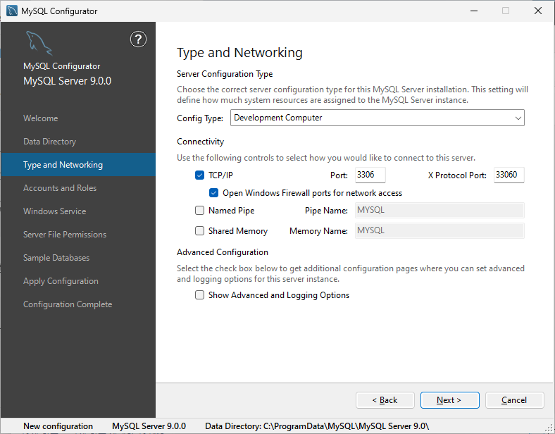 MySQL 9.0.0 - 환경 설정 - 설정 타입 및 접속 포트 설정 등
