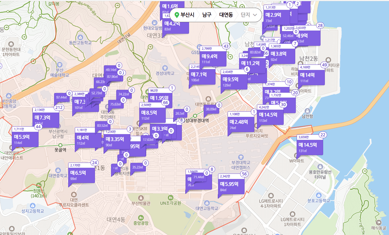 부산시 남구 대연동 아파트 리스트 지도