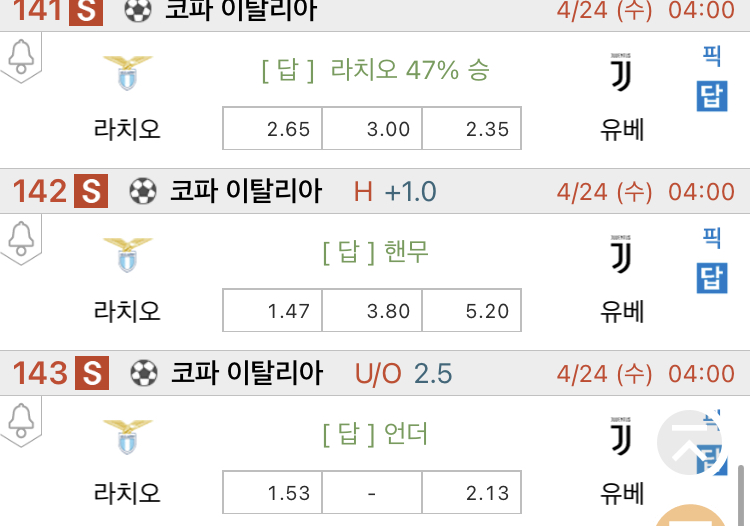 [진짜총판] 4월24일 라치오 VS 유벤 축구분석