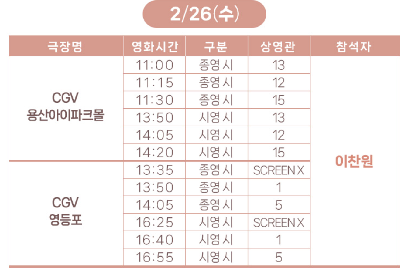 2월 26일 무대인사 일정