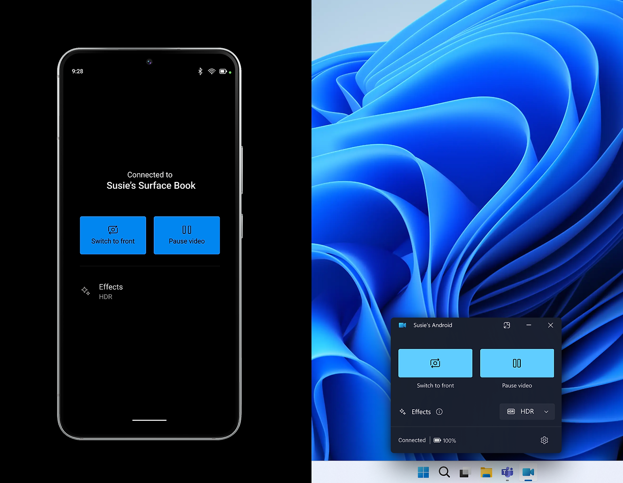휴대폰을 PC에 연결할 때 사용할 수 있는 연결된 카메라 컨트롤을 표시하는 휴대폰 및 PC 창