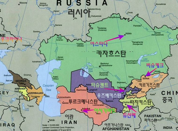 중앙아시아 5개국 지도위치