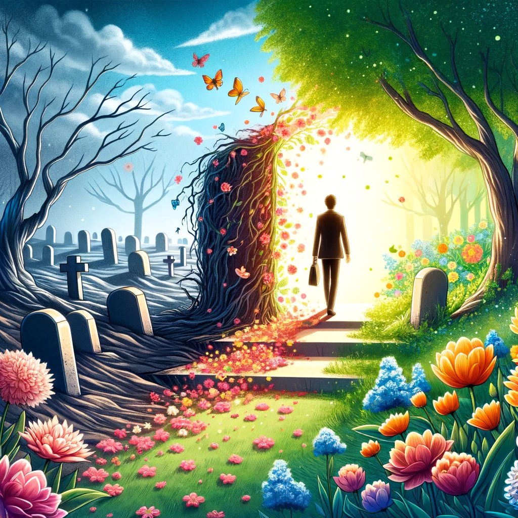 Here&amp;#39;s an illustration that represents moving from death to life&amp;#44; embodying the transformation and the idea of always living with a new spirit. The visual contrast between the dark&amp;#44; barren side and the vibrant&amp;#44; life-filled side should evoke the theme of rebirth and renewal. The figure in the center symbolizes the journey from the past towards a brighter&amp;#44; hopeful future.