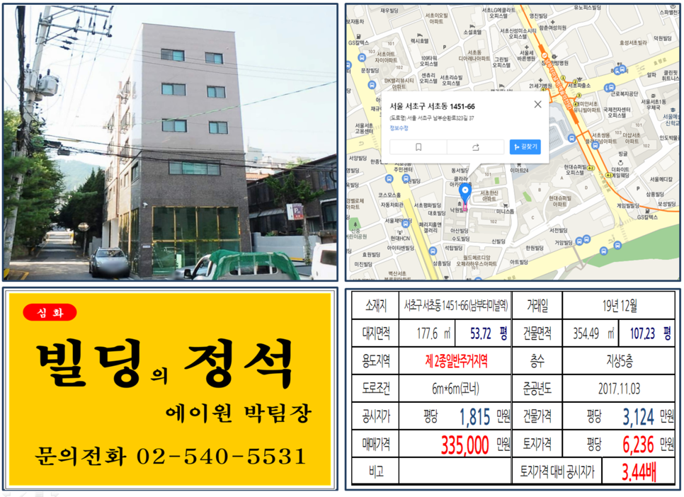  [서초구 신축 임대수익용 코너빌딩 실거래가 조회] 서초동 145-66 (남부터미널역) 33.5억 원, 평당 6,236만 원, 역세권 신축 코너