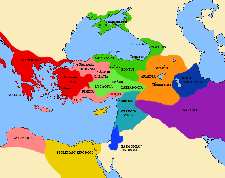셀레우코스 제국(보라) 쇠퇴와 하스몬 왕국(파랑)