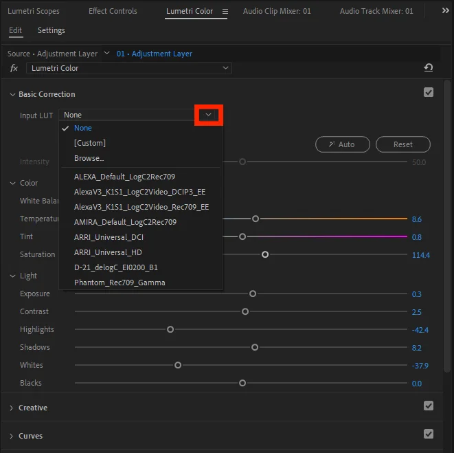 프리미어 프로의 lumetri color로 색 보정을 하는 모습