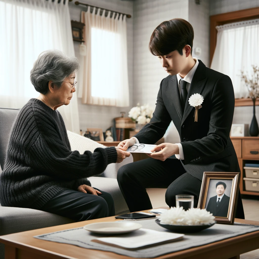 집 안 거실에서 정장을 입은 상조회사 직원이 회색 니트를 입은 유족에게 유족연금 신청방법과 지급액 이 적혀있는 서류를 양손으로 건네고 있다. 테이블 위에는 고인의 사진과 국화꽃이 놓여 있다