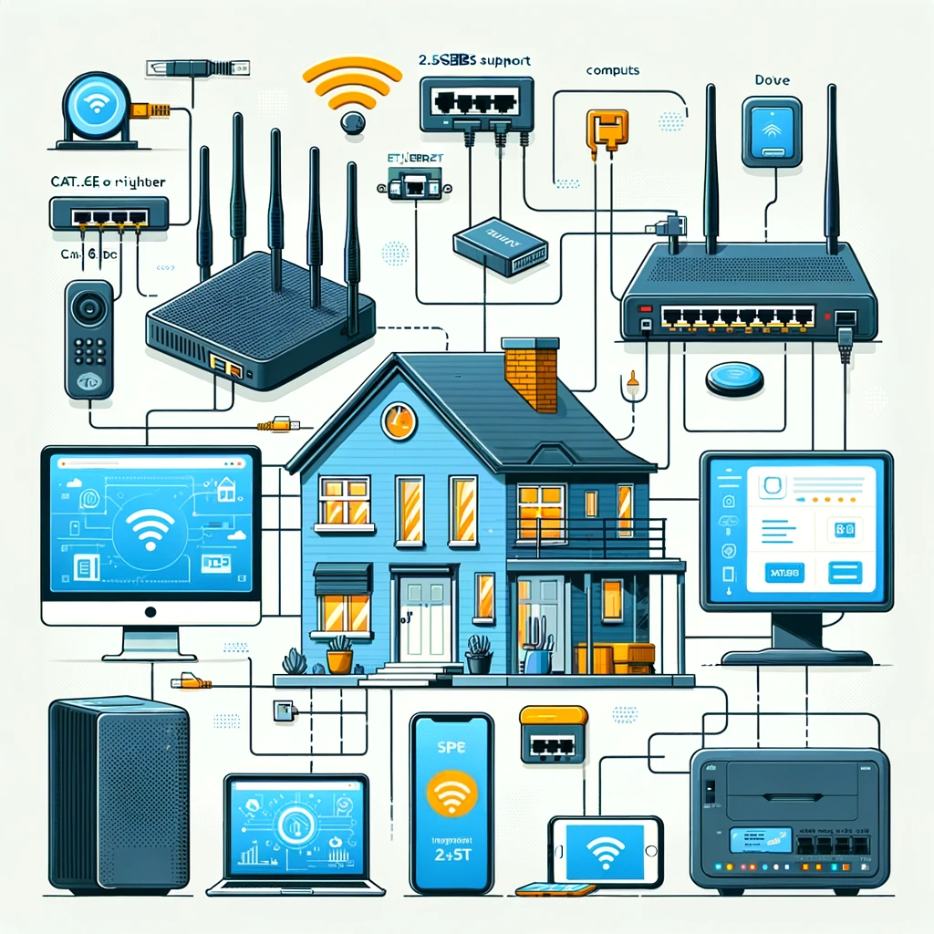 Illustration of a high-speed home network setup for 2.5Gbps internet. It includes a Cat.6e or higher Ethernet cable&#44; a 2.5Gbps supported network card