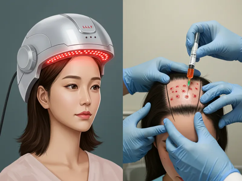 여성이 저준위 레이저 탈모 치료 헬멧을 착용하고 있는 모습 또는 의사가 여성의 두피에 PRP 주사를 놓고 있는 장면.