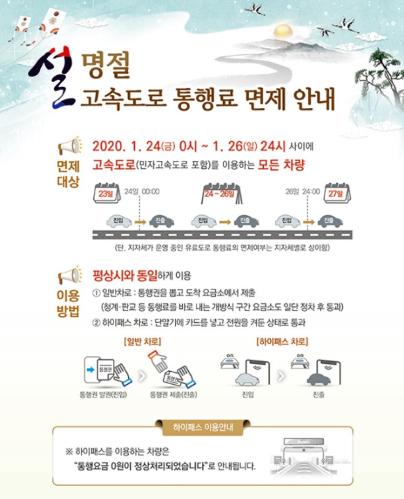  설날 고속도로 통행료 면제 / 설날 주차장 무료 개방