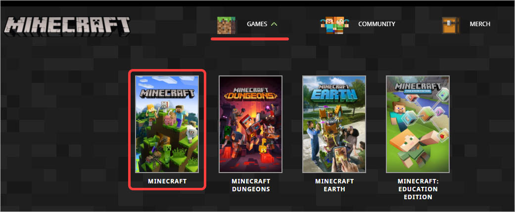 마인크래프트 홈페이지에서 Games 메뉴 하단의 Minecraft를 클릭해 들어간다