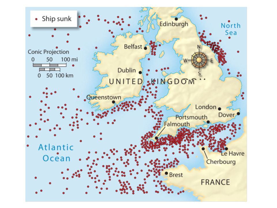 제1차 세계대전 무제한 잠수함 작전 잠수함이 침몰시킨 상선 위치를 나타낸 지도