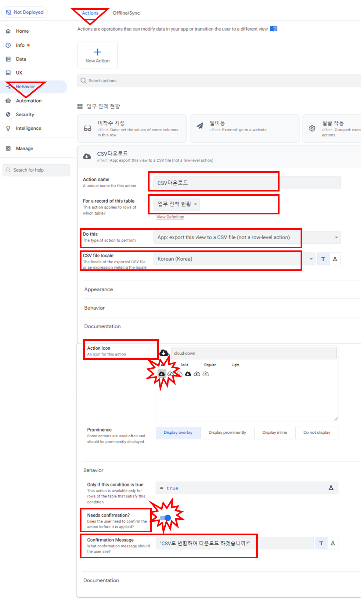Behavior > Actions > New Action > Do this 에 "App: export this view to a CSV file (not a row-level action)" 설정