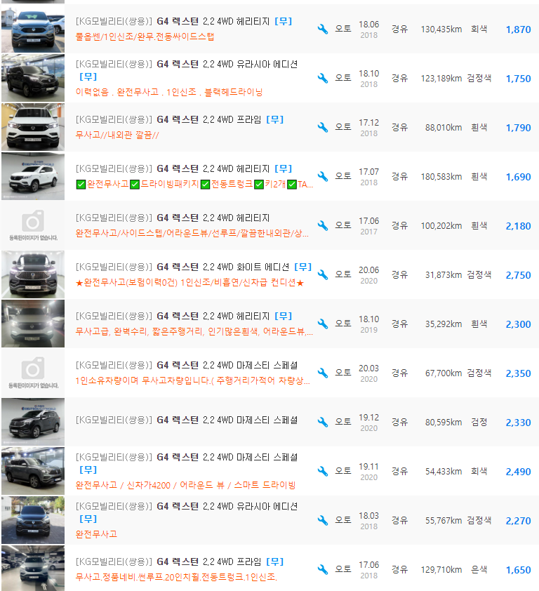 G4 렉스턴 중고차 가격 : 1&#44;060만원 ~ 3&#44;190만원