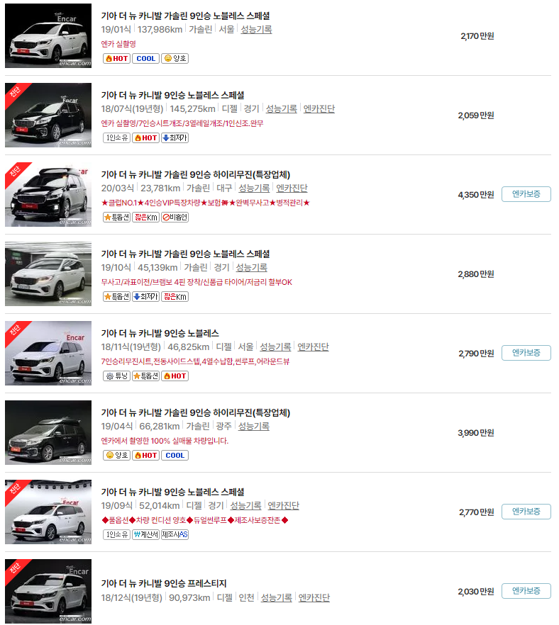더 뉴 카니발(18~20년식) 9인승 중고차 가격