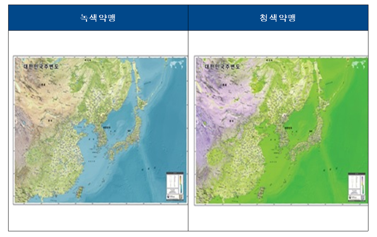 색약 색맹 색각이상자용 대한민국 주변 지도