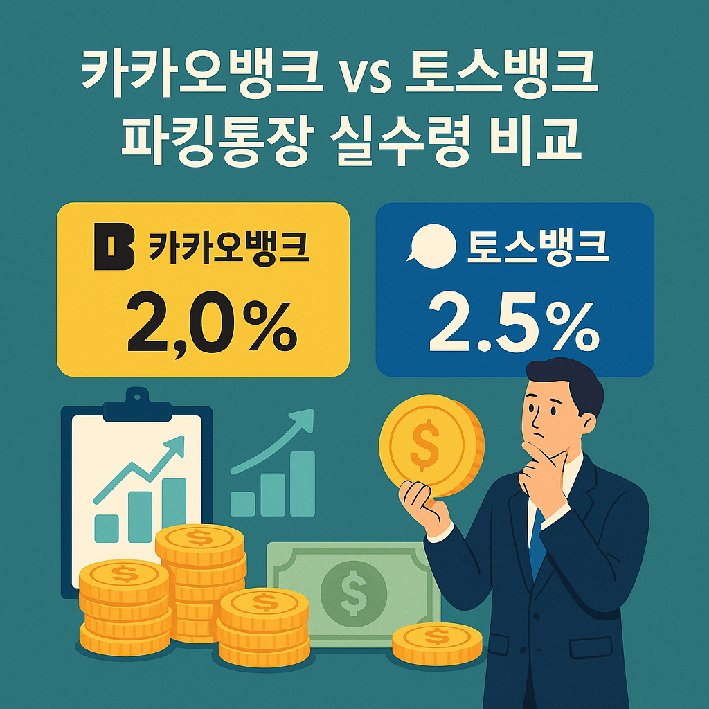 카카오뱅크 2.0%와 토스뱅크 2.5%의 파킹통장 금리를 비교하는 인포그래픽. 한 남성이 금화를 들고 고민하는 모습과 함께 두 은행의 로고, 금화 더미, 상승 그래프가 함께 표현됨.