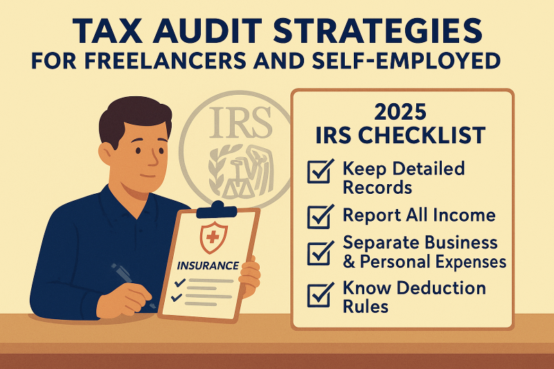 Illustration of a freelancer reviewing a 2025 IRS tax audit checklist, highlighting recordkeeping, income reporting, and business expense separation for U.S. tax compliance.