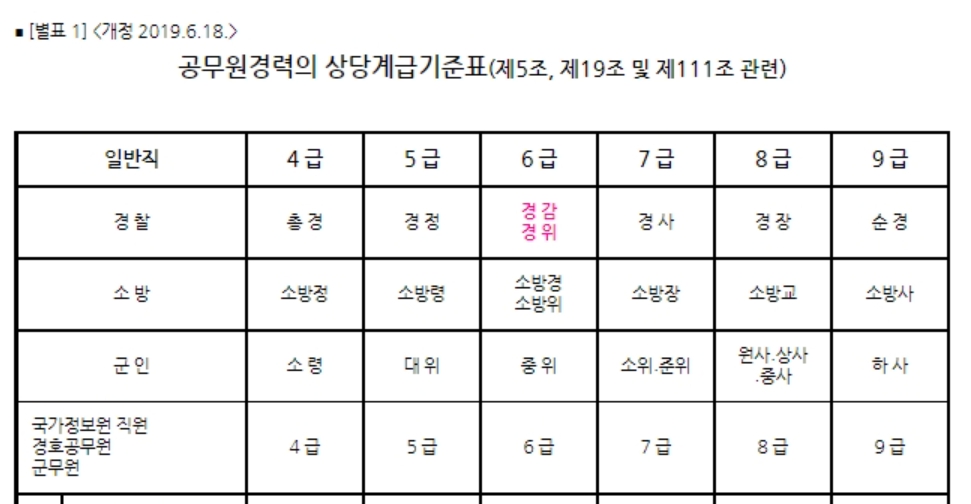 2023년 직업군인 상당계급표 사진