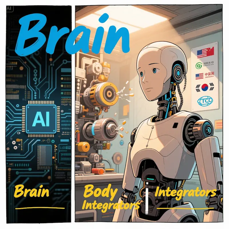 휴머노이드 로봇 개발의 세 가지 주요 카테고리를 보여주는 일러스트레이션. 왼쪽은 AI 칩과 소프트웨어(브레인), 중앙은 액추에이터와 센서 같은 기계 부품(바디), 오른쪽은 완성된 휴머노이드 로봇(통합자)을 조립하는 모습을 보여준다