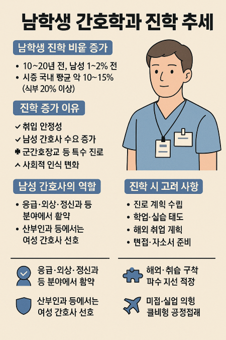 남학생 간호학과 진학 추세 인포그래픽: 비율 증가, 진학 이유, 남성 간호사의 역할, 진학 시 고려 사항 요약